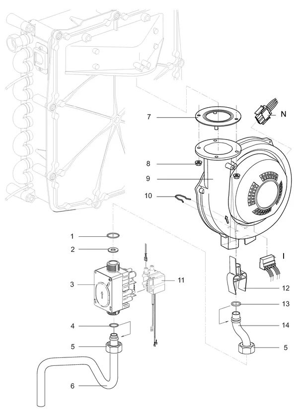 Exploded view Intergas Kombi Kompakt HRE 36/48A: Gasstraat ventilator 230v met tunnelvent