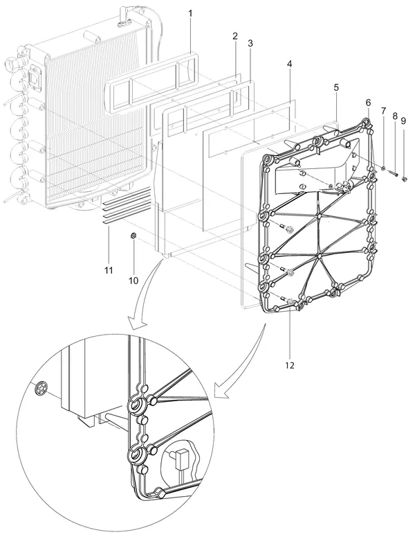 Exploded view Intergas Kompakt Solo HRE 30: Branderunit voorplaat met borstbout vana