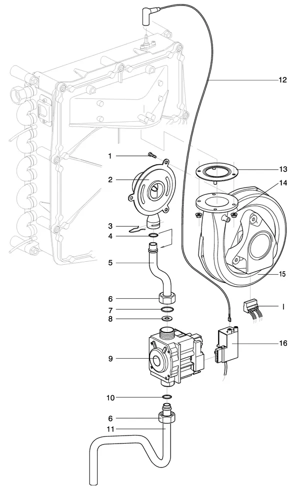 Exploded view Intergas Kompakt Solo HRE 30: Gasstraat ventilator met losse venturi