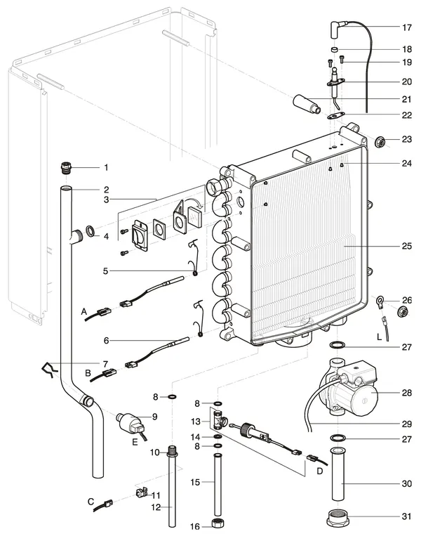 Exploded view Intergas Kompakt Solo HRE 48: Warmtewisselaar waterzijdig