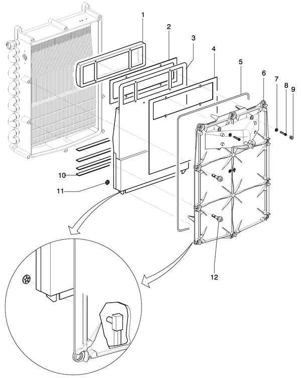 Exploded view Intergas Kombi Kompakt HR 28A: Branderunit voorplaat met borstplaat van