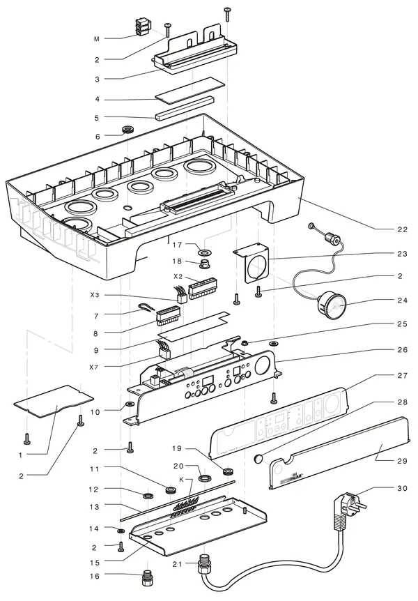 Exploded view Intergas Kompakt Solo HR 22 A: Onderbak en branderautomaat vanaf januar