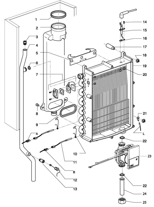 Exploded view Intergas Kompakt Solo HR 22 A: Warmtewisselaar rookgas waterzijdig vana