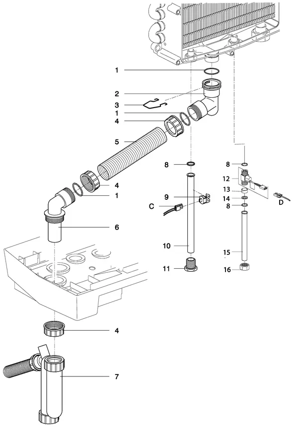 Exploded view Intergas Kombi Kompakt Tap HR 22: Tapwaterzijdig condensafvoer vanaf augus