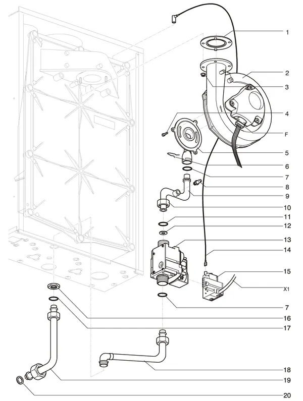 Exploded view Intergas Prestige CW5: Gasstraat ventilator met losse venturi