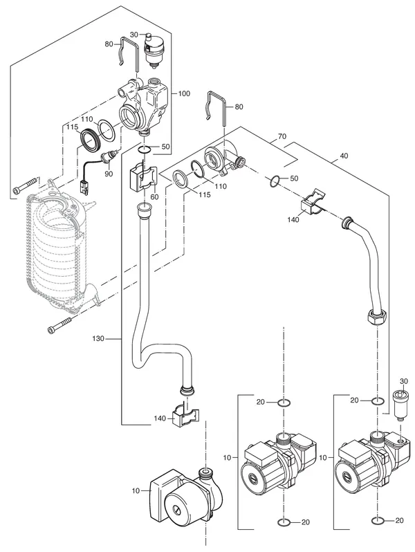 Exploded view Nefit (Bosch) Economy HRC24 Uitgebreid: Pomp leidingen