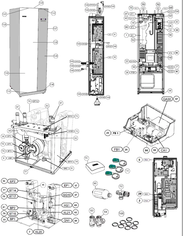Exploded view Nibe F1245-5 CU 3x400V: Totaaloverzicht