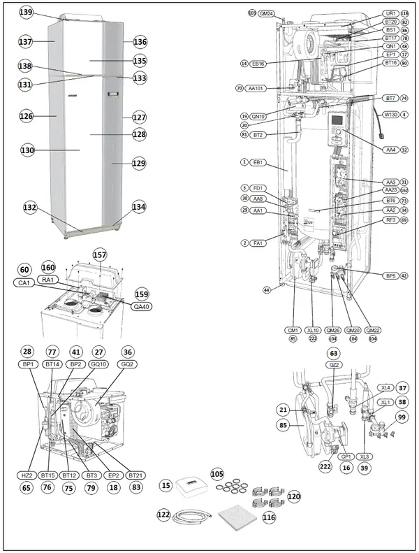Exploded view Nibe F730 E EM 3x400V | 066073: Totaaloverzicht