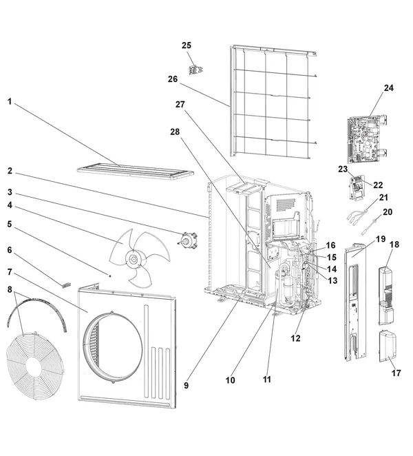 Exploded view Remeha Buitenunit AWHPR 4 / 6 / 8 MR: Totaaloverzicht