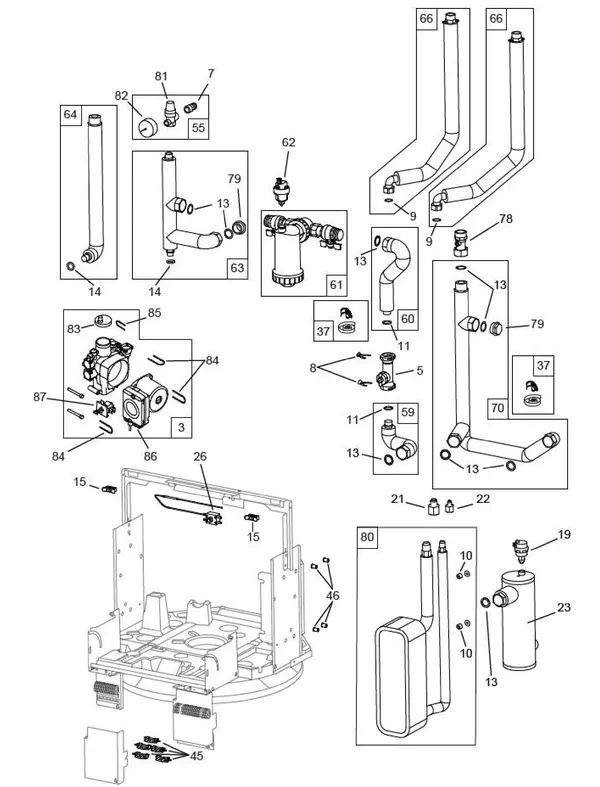 Exploded view Remeha Loria Solo / Duo: Duo binnendeel groep