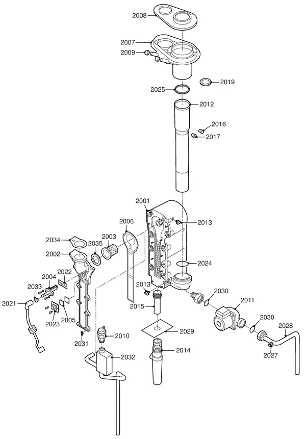 Exploded view Remeha Quinta 25 Solo: Wisselaar pomp rookgasafvoer