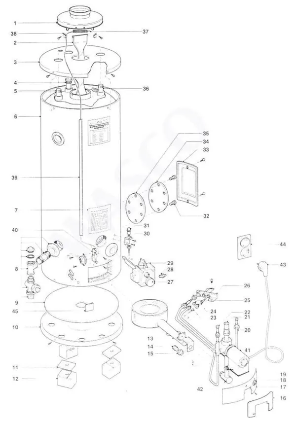 Exploded view A.O. Smith BT(T)E 100 PN: Totaaloverzicht