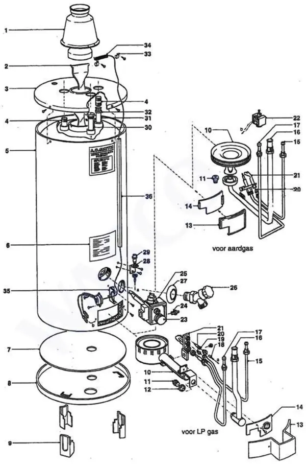 Exploded view A.O. Smith NPC 50 PN: Totaaloverzicht