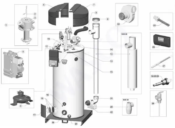Exploded view A.O. Smith SGS 50 (tot 09-2009): Totaaloverzicht