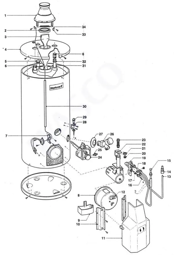 Exploded view A.O. Smith Tune 150 - 200: Totaaloverzicht