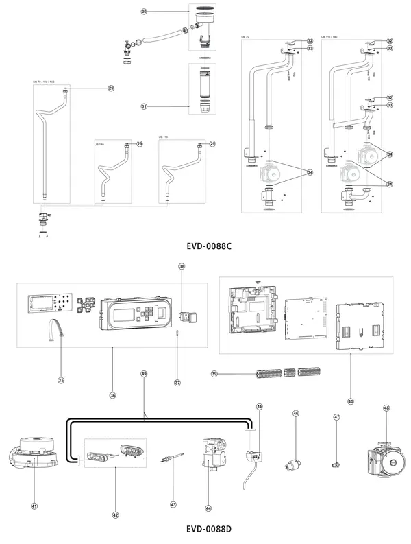 Exploded view A.O. Smith UB 140: Leiding besturing en elektrische onderde