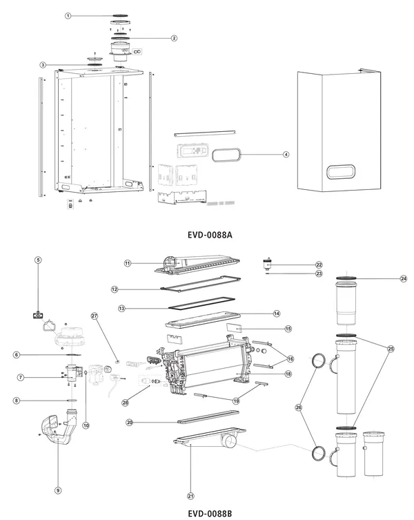 Exploded view A.O. Smith UB 140: Mantel en warmtewisselaar
