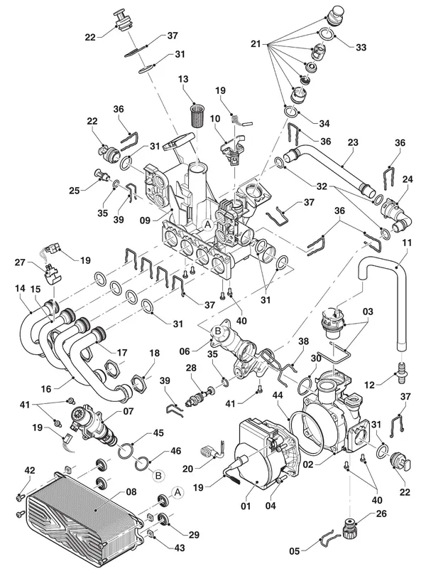 Exploded view Vaillant ecoTEC plus VHR 20/26 CS/1-5: Hydraulikdelen hydroblock
