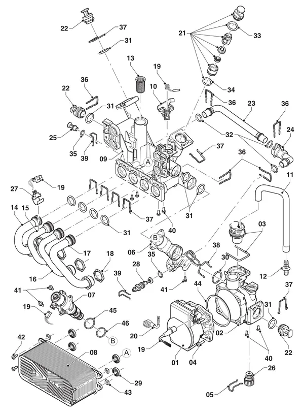 Exploded view Vaillant ecoTEC plus VHR 30/36 CS/1-5: Hydraulikdelen hydroblock