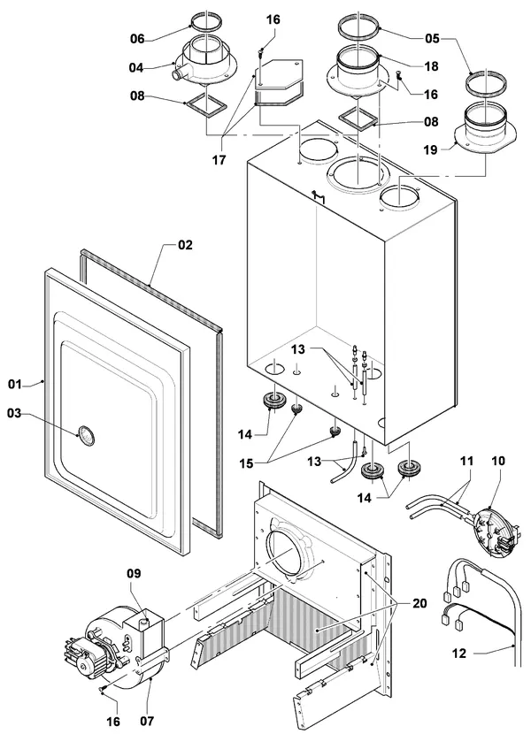 Exploded view Vaillant Combiketel Turbo CWK 245/3: Verbrandings luchtaanvoer gasafvoer