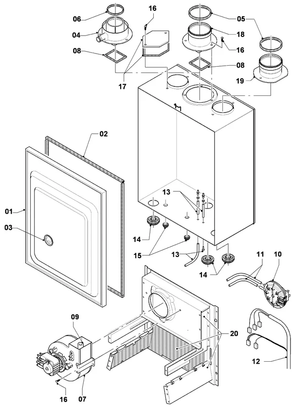 Exploded view Vaillant Combiketel Turbo CWK 245/3 R1: Verbrandings luchtaanvoer gasafvoer