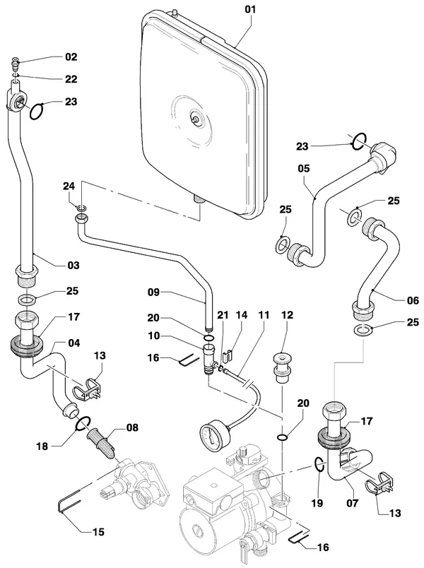 Exploded view Vaillant Combiketel Turbo CWK 245/4-5 R3: Aansluitdelen