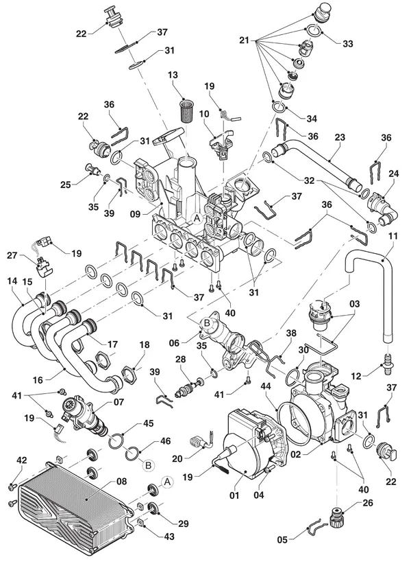 Exploded view Vaillant ecoTEC plus VHR I 36 CS/1-5 R1: Hydraulische delen