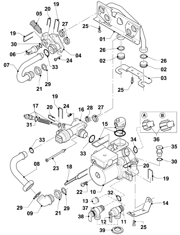 Exploded view Vaillant Cv-ketel VC 254/4-7 R3: Aansluitdelen hydroblok