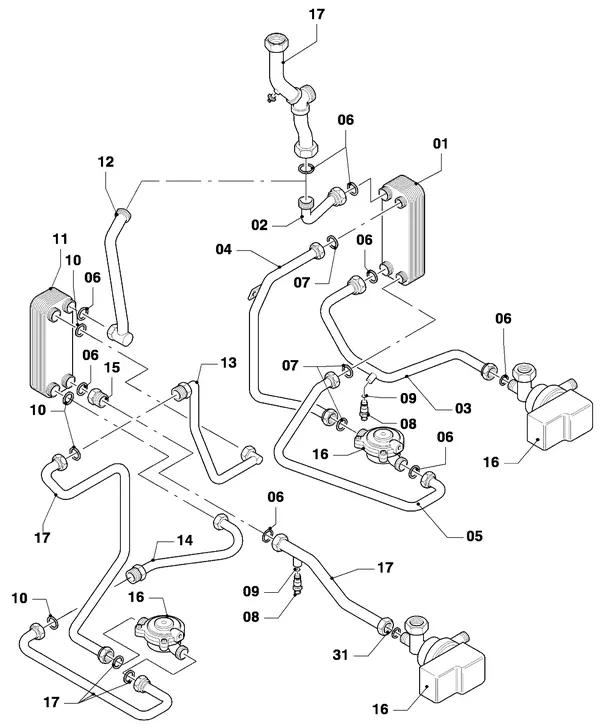 Exploded view Vaillant Combiketel Turbo VCW 242 E S028: Warmtewisselaar platenwisselaar