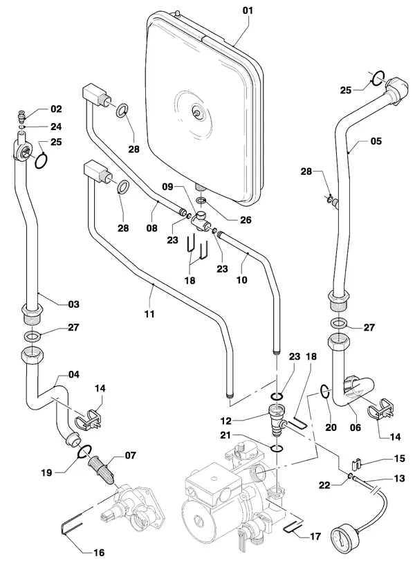 Exploded view Vaillant Combiketel VCW 254/4-7 R4: Aansluitdelen hydroblok