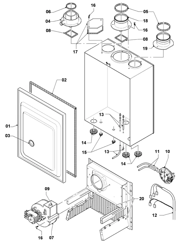 Exploded view Vaillant Combiketel Turbo VCW 255/3 R1: Verbrandings luchtaanvoer gasafvoer