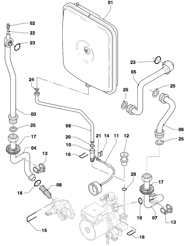 Exploded view Vaillant Combiketel Turbo VCW 255/4-7: Aansluitdelen