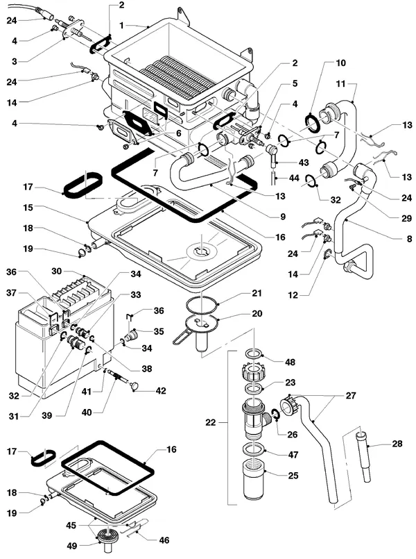 Exploded view Vaillant HR Comfort VU-VUW 18/6 E: Warmtewisselaar tot 04
