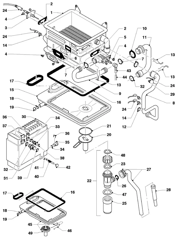 Exploded view Vaillant HR Comfort VU-VUW 23/6 E: Warmtewisselaar tot 04